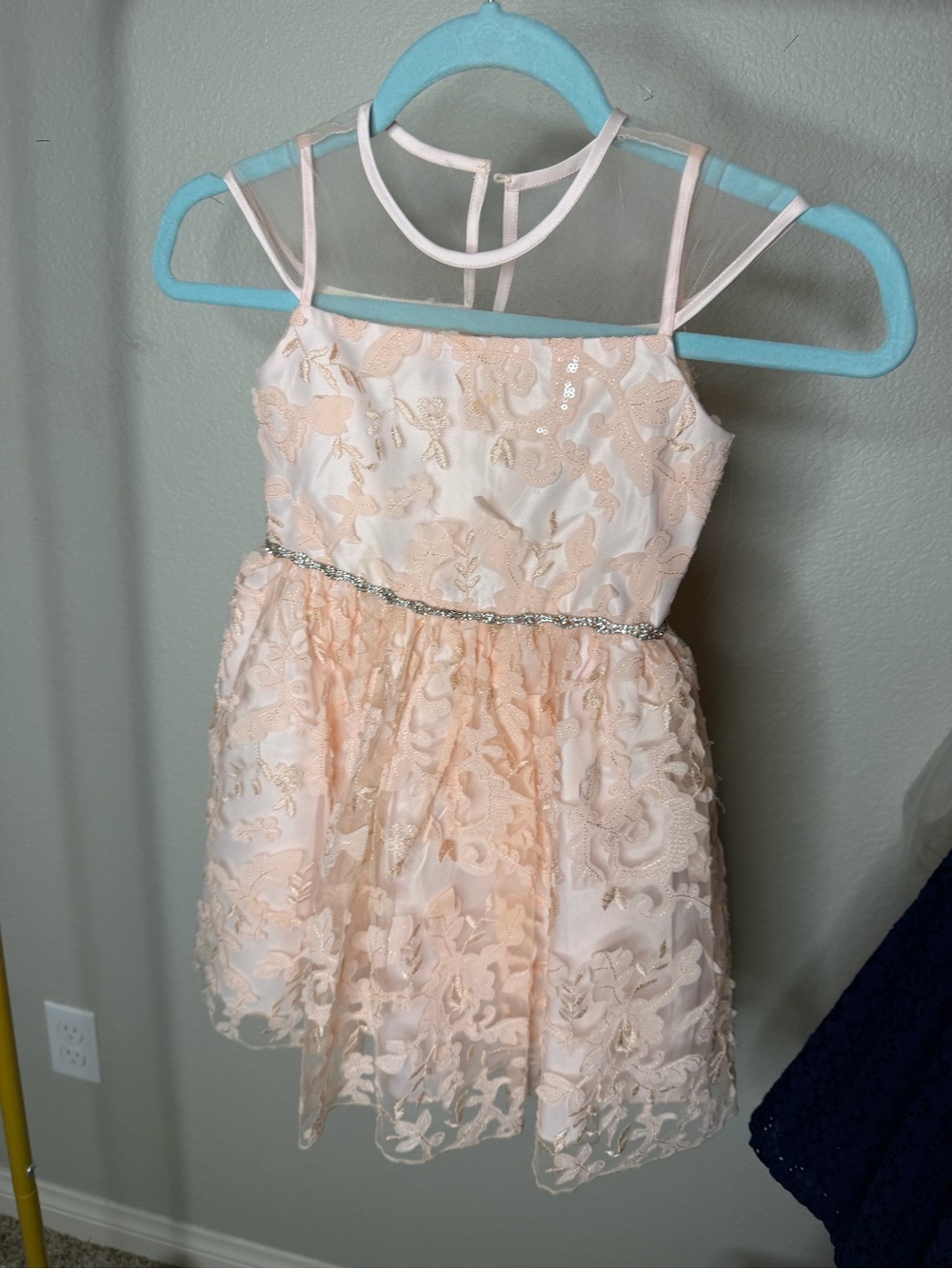 Rare Editions Blush Lace Party Dress with Rhinestone Waist